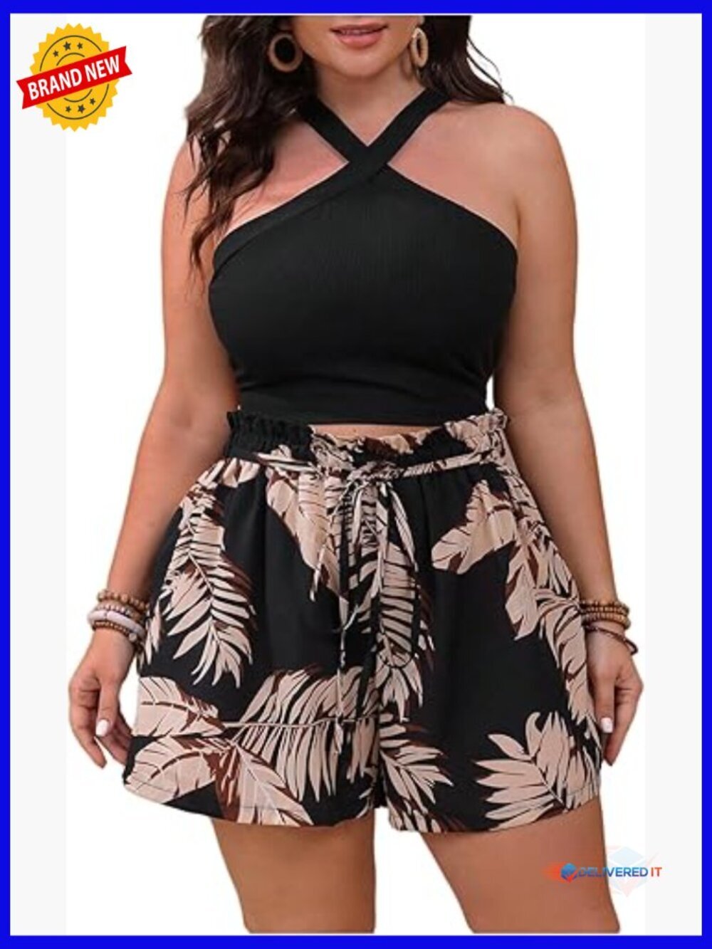 Plus Size 2 Piece Shorts Set Halter Cami Top Tropical Print Summer Outfit